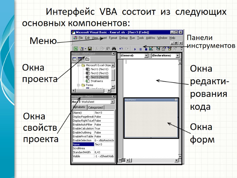 Интерфейс VBA состоит из следующих основных компонентов: Окна проекта Окна свойств проекта Окна редакти-рования